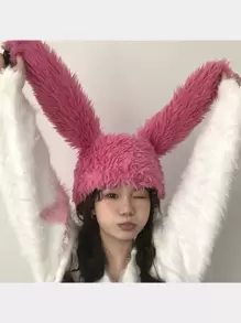 1入組女孩可愛厚兔耳毛絨帽帶護耳保暖千年風格粉紅色，秋冬 - 玫紅色 - 查看 3
