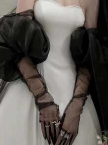 1 件黑色欧根纱泡泡袖和 2 件弹性新娘袖套，带手套骷髅骨架 - 黑色 - 查看 1