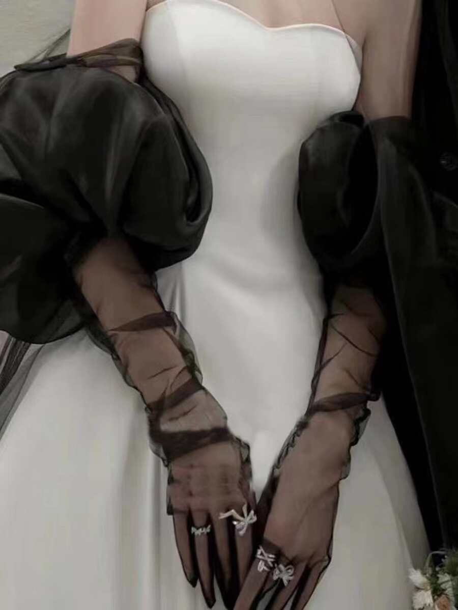 1 件黑色欧根纱泡泡袖和 2 件弹性新娘袖套，带手套骷髅骨架 - 黑色 - 查看 1