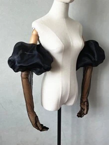 1 件黑色欧根纱泡泡袖和 2 件弹性新娘袖套，带手套骷髅骨架 - 黑色 - 查看 2