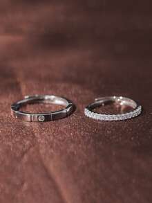 1pair Simple Design Couple Rings With Synthetic s, Adjustable For Proposal, Wedding, Ring Exchange Ceremony, Men's And Women's Wedding Rings - Silver - View 4