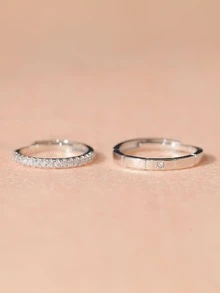 1pair Simple Design Couple Rings With Synthetic s, Adjustable For Proposal, Wedding, Ring Exchange Ceremony, Men's And Women's Wedding Rings - Silver - View 2