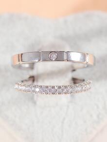 1pair Simple Design Couple Rings With Synthetic s, Adjustable For Proposal, Wedding, Ring Exchange Ceremony, Men's And Women's Wedding Rings - Silver - View 3