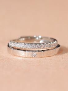 1pair Simple Design Couple Rings With Synthetic s, Adjustable For Proposal, Wedding, Ring Exchange Ceremony, Men's And Women's Wedding Rings - Silver - View 1