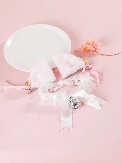 Party Series Halloween White Fox Ear Hair Clip 1pair And White Neck Strap With Silver Bell 1pc Set