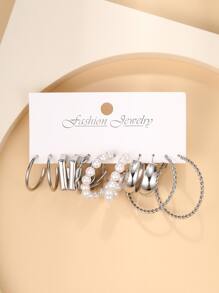 6pairs Faux Pearl Decor Twist Design Hoop Earrings - Silver - View 2
