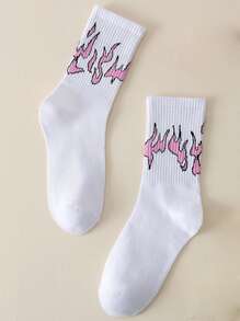 A Pair Of Women's Breathable Sweat-Wicking Comfortable Casual Pink Flame Pattern Mid-Tube Socks