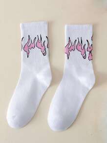 A Pair Of Women's Breathable Sweat-Wicking Comfortable Casual Pink Flame Pattern Mid-Tube Socks
