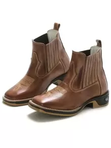Bota Feminina RR Botas Texana Botina Country Em Couro Com Bordado Sola De Borracha Bico Quadrado