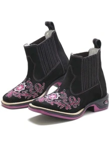 Bota Feminina RR Botas Texana Country Em Couro Com Bordado De Flores Floral Sola De Borracha Bico Quadrado