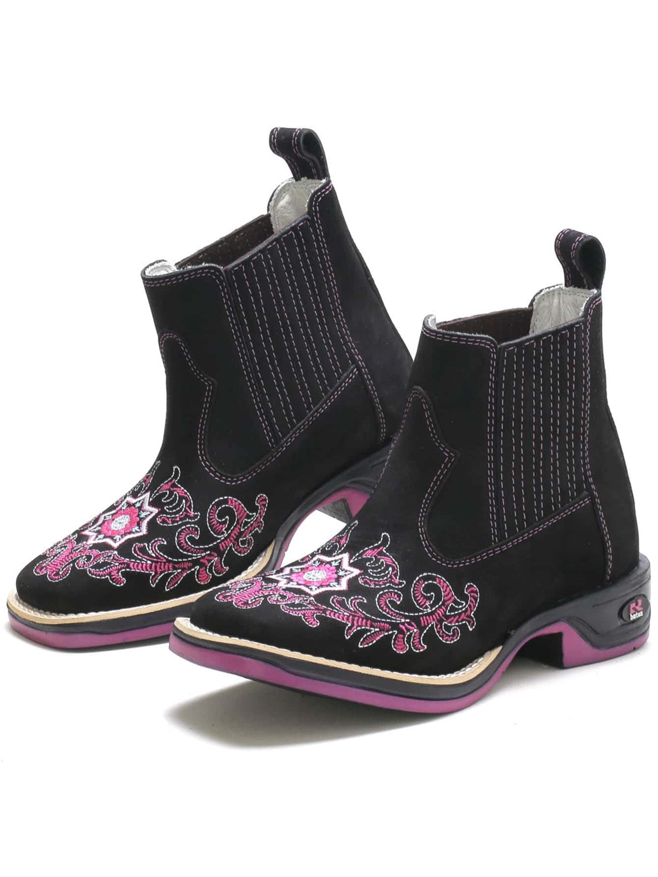 Bota Feminina RR Botas Texana Country Em Couro Com Bordado De Flores Floral Sola De Borracha Bico Quadrado