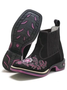 Bota Feminina RR Botas Texana Country Em Couro Com Bordado De Flores Floral Sola De Borracha Bico Quadrado
