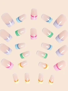 24入組假指甲，扁平頭和多色法式指甲藝術貼紙+指甲文件+果凍膠壓頂假甲指甲用品 - 彩色 - 查看 3