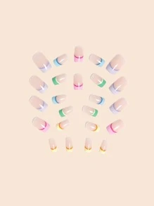 24入組假指甲，扁平頭和多色法式指甲藝術貼紙+指甲文件+果凍膠壓頂假甲指甲用品 - 彩色 - 查看 4