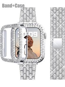 Dây đeo đồng hồ kim loại đính đá Rhinestone siêu sáng bóng cho nữ + Vỏ bảo vệ chống rơi rỗng bằng PC đính đá Rhinestone hai hàng tinh tế tương thích với vỏ dây đeo đồng hồ Apple 38 40 42 41 45Mm Apple Watch Series 3 4 5 6 7 8 Se 9, Vòng đeo tay bằng kim loại đính đá Rhinestone thay thế cho nữ - Bạc - Xem 7