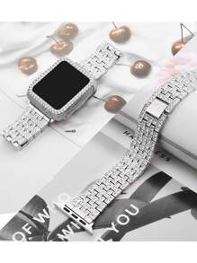 Dây đeo đồng hồ kim loại đính đá Rhinestone siêu sáng bóng cho nữ + Vỏ bảo vệ chống rơi rỗng bằng PC đính đá Rhinestone hai hàng tinh tế tương thích với vỏ dây đeo đồng hồ Apple 38 40 42 41 45Mm Apple Watch Series 3 4 5 6 7 8 Se 9, Vòng đeo tay bằng kim loại đính đá Rhinestone thay thế cho nữ - Bạc - Xem 6