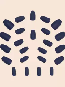 24入組假指甲深藍啞光指甲貼芭蕾棺材形指甲藝術貼紙 +果凍膠水+美甲檔，貼上式假指甲美甲用品 - 藏蓝色 - 查看 3