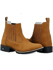 Bota Masculina RR Botas Texana Botina Country Em Couro Com Bordado Bico Redondo Fechamento Elástico