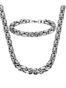 1set/2Pcs Fashion Rock Punk Stainless Steel Braided Chain Bracelet Necklace Sets for Men Street Rock Party Biker Jewelry - Silver - View 2