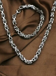 1set/2Pcs Fashion Rock Punk Stainless Steel Braided Chain Bracelet Necklace Sets for Men Street Rock Party Biker Jewelry - Silver - View 1