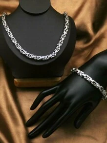 1set/2Pcs Fashion Rock Punk Stainless Steel Braided Chain Bracelet Necklace Sets for Men Street Rock Party Biker Jewelry - Silver - View 6