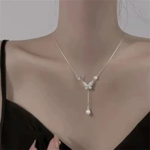 兒童項鍊珍珠蝴蝶項鍊,適用於女孩的新款夏季獨特設計鎖骨鏈,簡約風格萬用珠寶禮物,適用於女孩生日 - 銀色 - 查看 2