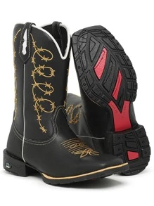 Bota Feminina RR Botas Texana Country Com Bordado Arame Bico Quadrado
