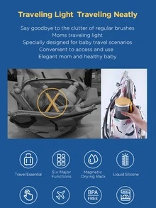 1 套便携式硅胶奶瓶刷套装，包括奶瓶刷、奶嘴刷和干燥架，适合户外或旅行使用 - 粉色 - 查看 4