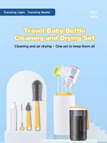 1 套便携式硅胶奶瓶刷套装，包括奶瓶刷、奶嘴刷和干燥架，适合户外或旅行使用 - 粉色 - 查看 3