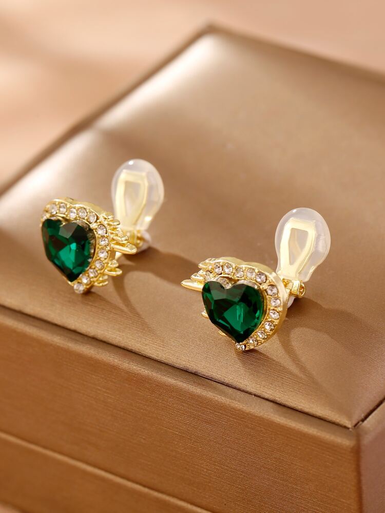 1pair Fashionable Green Rhinestone & Heart Decorated Clip-On Earrings Without Piercing For Women Daily Wear Valentines,Mom,Mother,Mother's Day,Gift