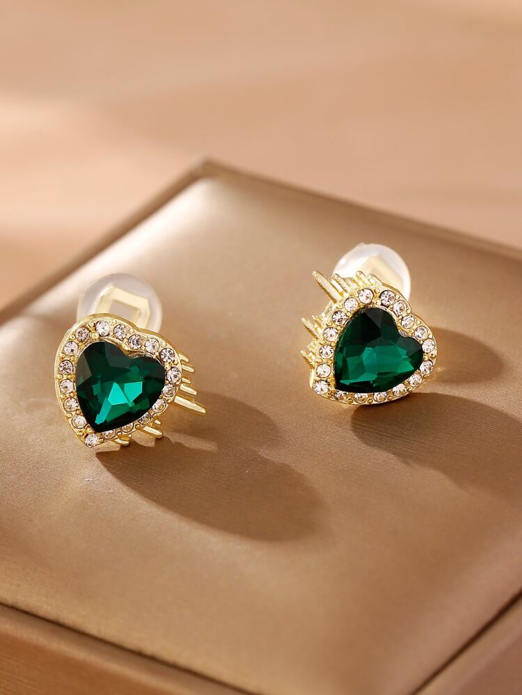 1pair Fashionable Green Rhinestone & Heart Decorated Clip-On Earrings Without Piercing For Women Daily Wear Valentines,Mom,Mother,Mother's Day,Gift