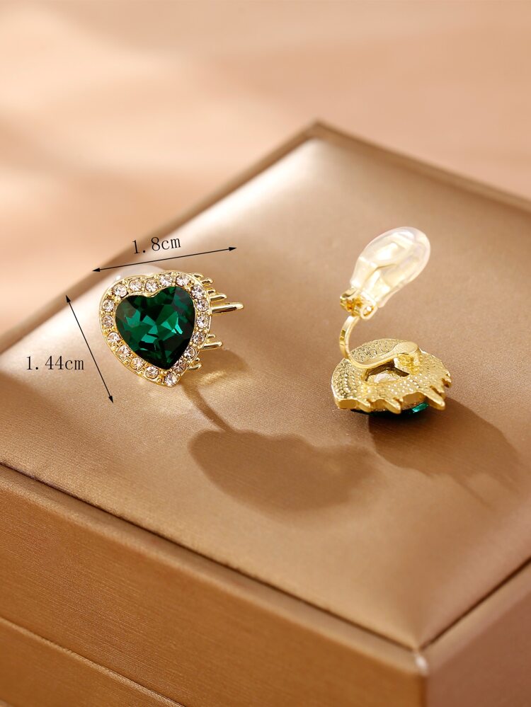 1pair Fashionable Green Rhinestone & Heart Decorated Clip-On Earrings Without Piercing For Women Daily Wear Valentines,Mom,Mother,Mother's Day,Gift