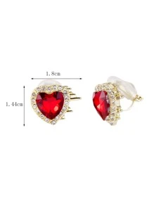 1pair Red Fashionable Rhinestone Decorated Without Piercing Heart Shaped Clip-On Earrings For Women Daily Wear Valentines,Mom,Mother,Mother's Day,Gift - Red - View 5