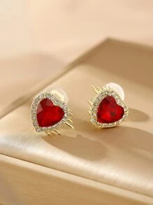 1pair Red Fashionable Rhinestone Decorated Without Piercing Heart Shaped Clip-On Earrings For Women Daily Wear Valentines,Mom,Mother,Mother's Day,Gift - Red - View 3