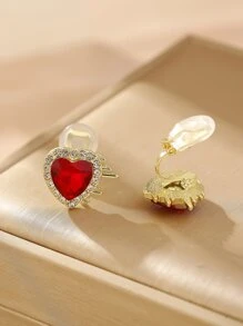 1pair Red Fashionable Rhinestone Decorated Without Piercing Heart Shaped Clip-On Earrings For Women Daily Wear Valentines,Mom,Mother,Mother's Day,Gift - Red - View 4