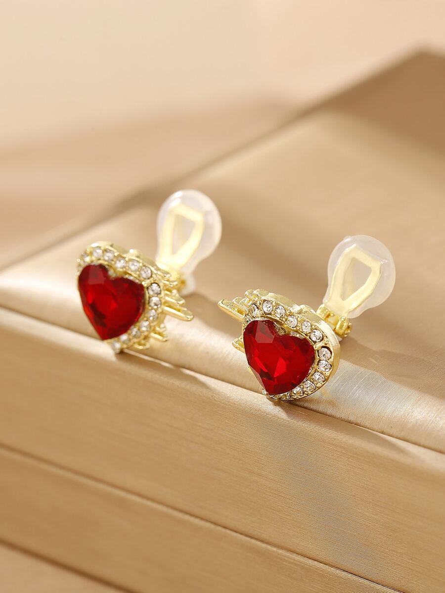 1pair Red Fashionable Rhinestone Decorated Without Piercing Heart Shaped Clip-On Earrings For Women Daily Wear Valentines,Mom,Mother,Mother's Day,Gift - Red - View 1
