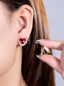 1pair Red Fashionable Rhinestone Decorated Without Piercing Heart Shaped Clip-On Earrings For Women Daily Wear Valentines,Mom,Mother,Mother's Day,Gift - Red - View 2