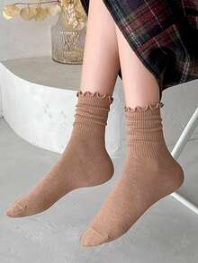 3雙女士透氣和吸濕排汗和舒服素色蕾絲鑲邊中筒襪,隨機色發貨 - 彩色 - 查看 2