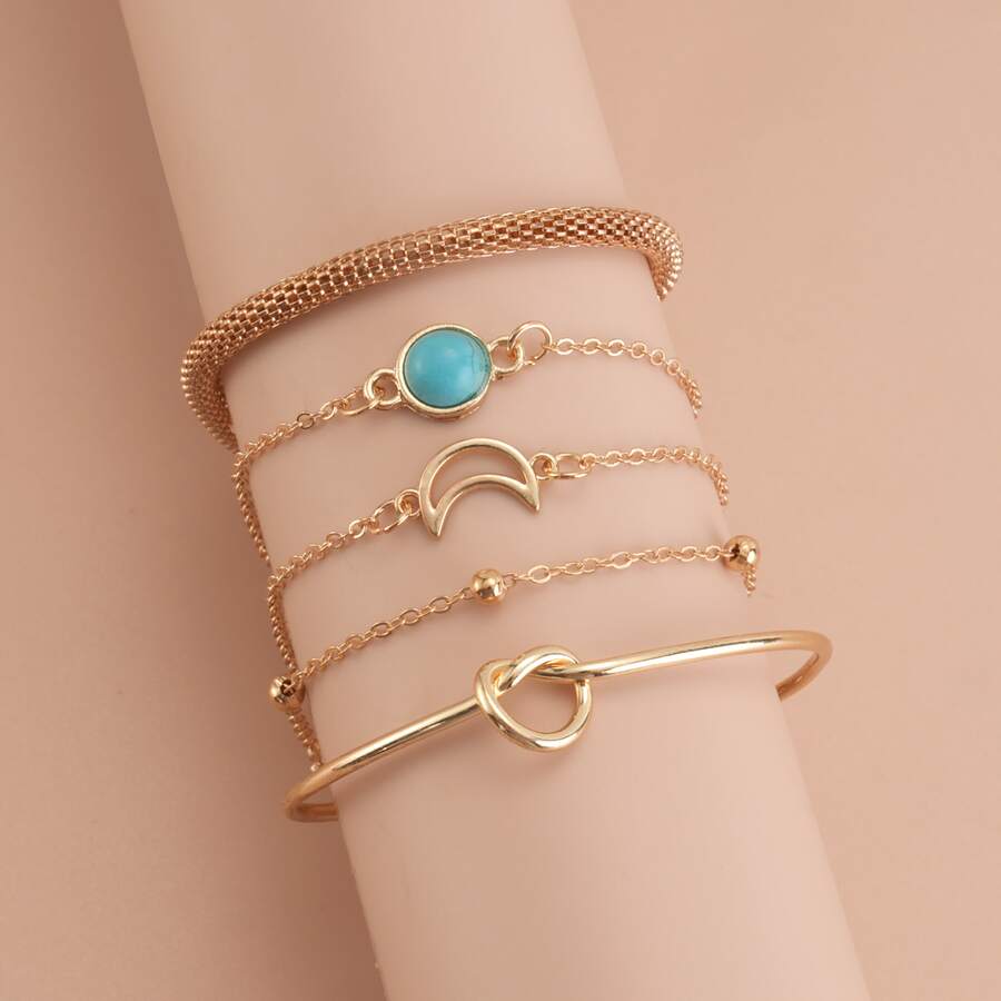 5pcs Set Heart Knot Turquoise Moon Pendant Bracelets For Women