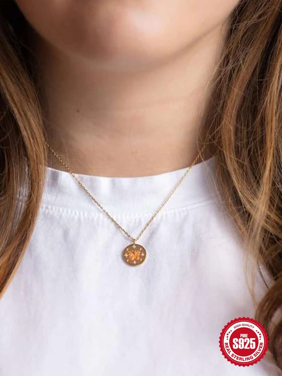 1件s925純銀ins風格圓盤鑲鑽趣味蝴蝶滴油女士項鍊