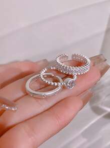 3pcs/set Simple Rhinestone Inlaid Bead Ring For Women, Perfect For Dating And Vacation Gift - Silver - View 1