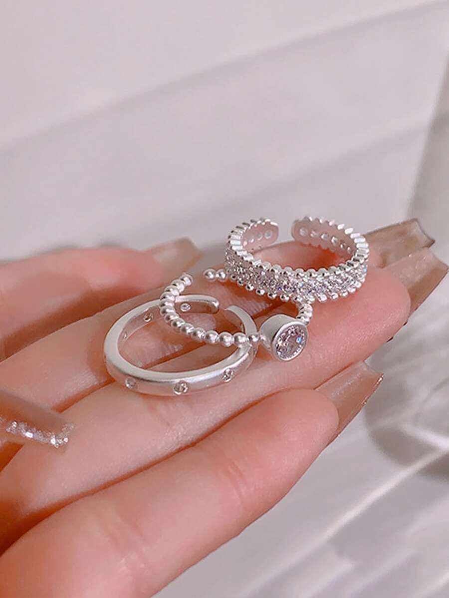 3pcs/set Simple Rhinestone Inlaid Bead Ring For Women, Perfect For Dating And Vacation Gift - Silver - View 1
