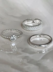 3pcs/set Simple Rhinestone Inlaid Bead Ring For Women, Perfect For Dating And Vacation Gift - Silver - View 2