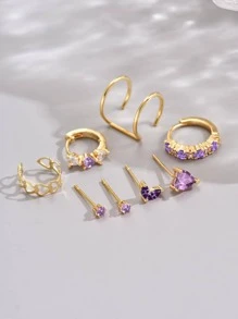 8pcs/Set Fashionable Elegant Rose Red Heart & Cubic Zirconia Decor Earring Set For Women, Suitable For Daily Wear, Party, Festival Valentines,Mom,Mother,Mother's Day,Gift