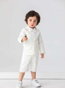 BOARNSEORL 男婴绅士套装三件套 - 白色长袖衬衫、领结西装外套和短裤，时尚百搭，适合生日派对、婚礼等场合。