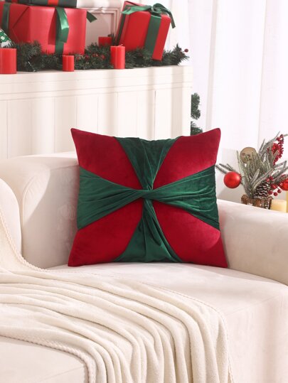 Miater 1 Pieza Funda De Cojín De Navidad Peluche Rojo Y Verde Oscuro Con Diseño De Patchwork