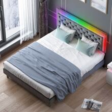 Mjkone Bed Frame, Velveteen RGB LED Bed Frame with Adjustable Headboard, Upholstered Mattress Frame with Button Tufted Headboard for Bedroom