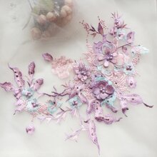 1pc 3d Beaded Rhinestone Embroidery Lace Fabric Patch, Iron-on Applique For Bridal Dress Decoration