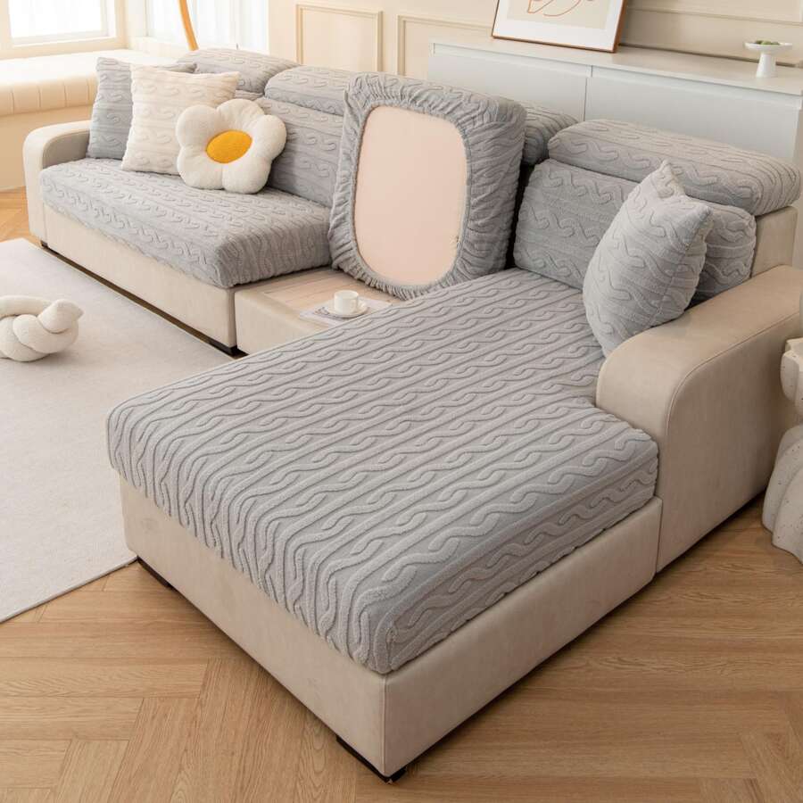 1pc Soft Jacquard Stretch Sofa Slipcover - Light Grey - View 1