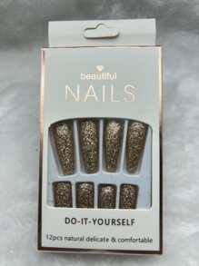 Uñas falsas en forma de T en forma de ataúd en moca con dorado brillante - Marrón Mocha - Ver 4